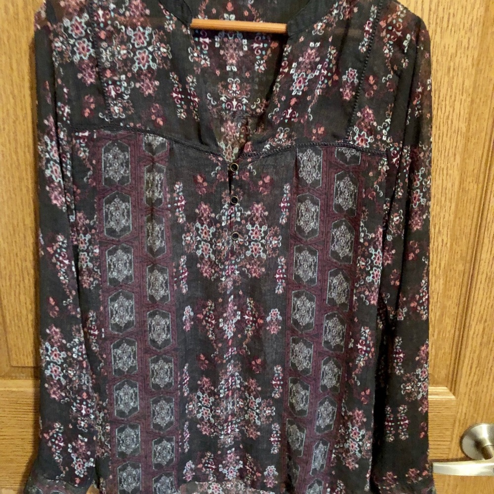 Black Print Sheer Top, Long Sleeve